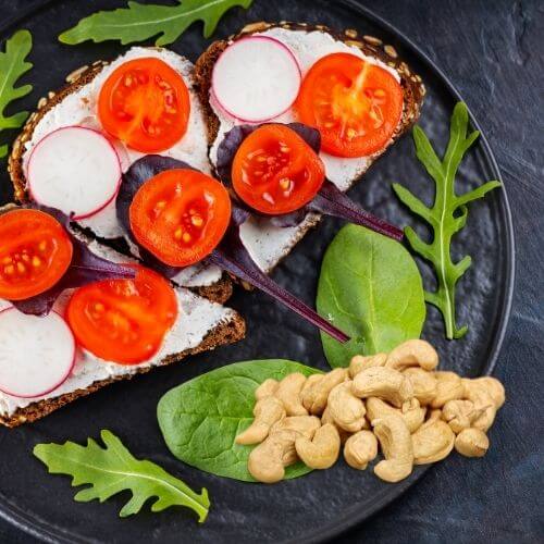 Cashew Cream Cheese Toast with Tomato and Radish